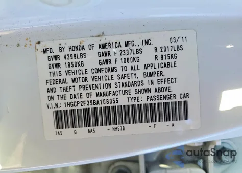 2011 Honda Accord Lx from USA, damaged, VIN 1HGCP2F39BA108055